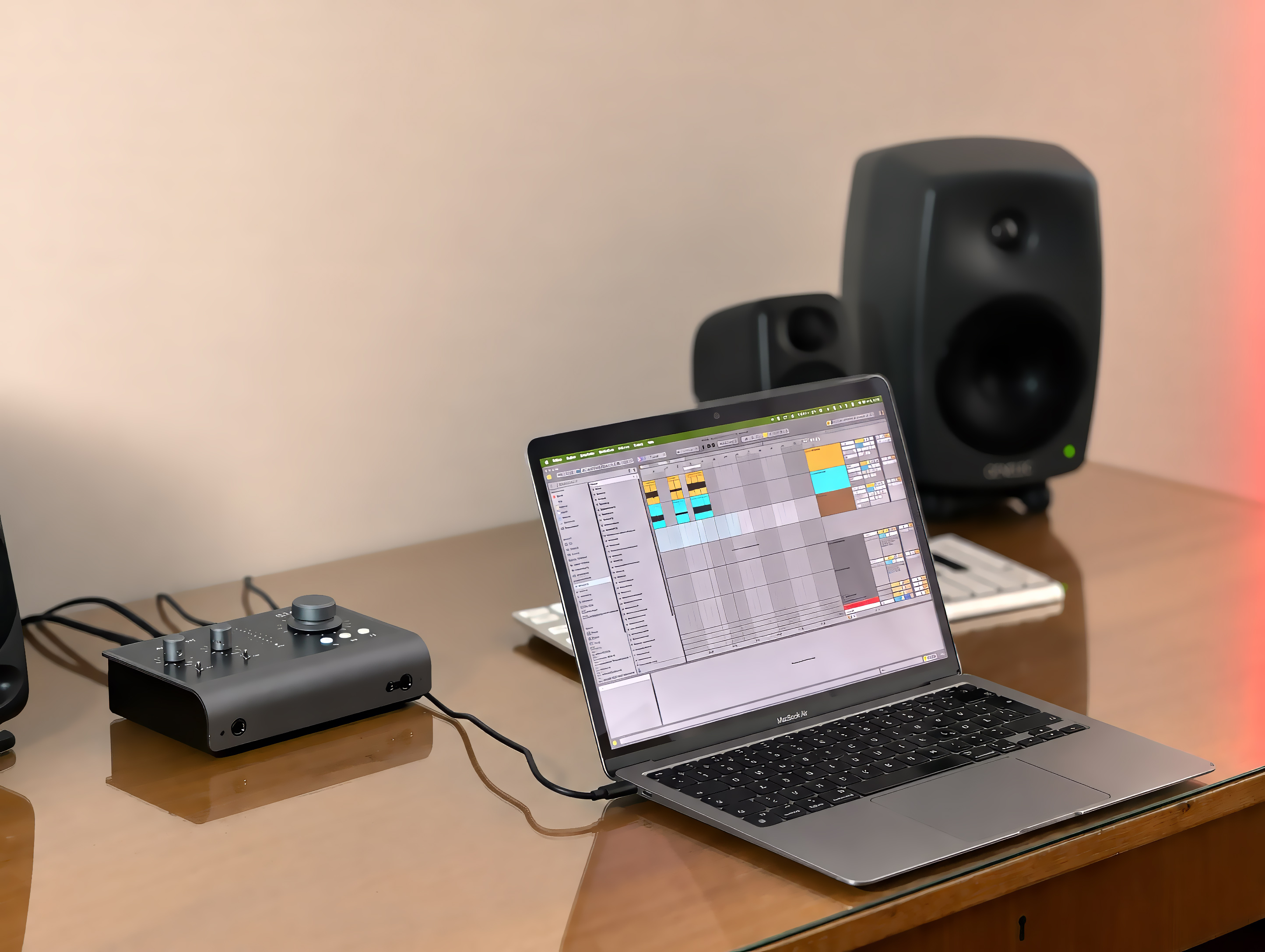 Audient iD14 MKII verbunden mit einem MacBook Air im VolumeKeys Studio-Testaufbau