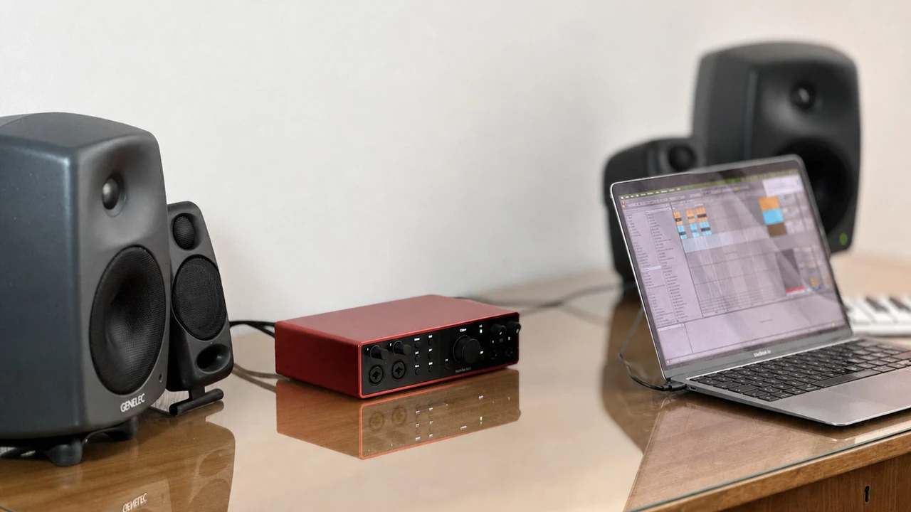 Studio photo of a Focusrite Scarlett 16i16 4th Gen beside a MacBook Air