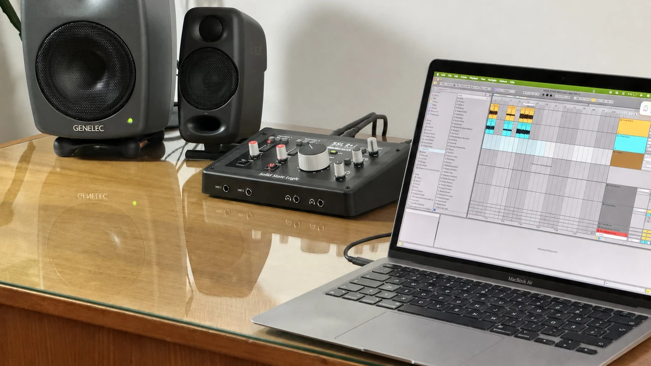 Studio photo of an SSL 2+ MKII beside a MacBook Air