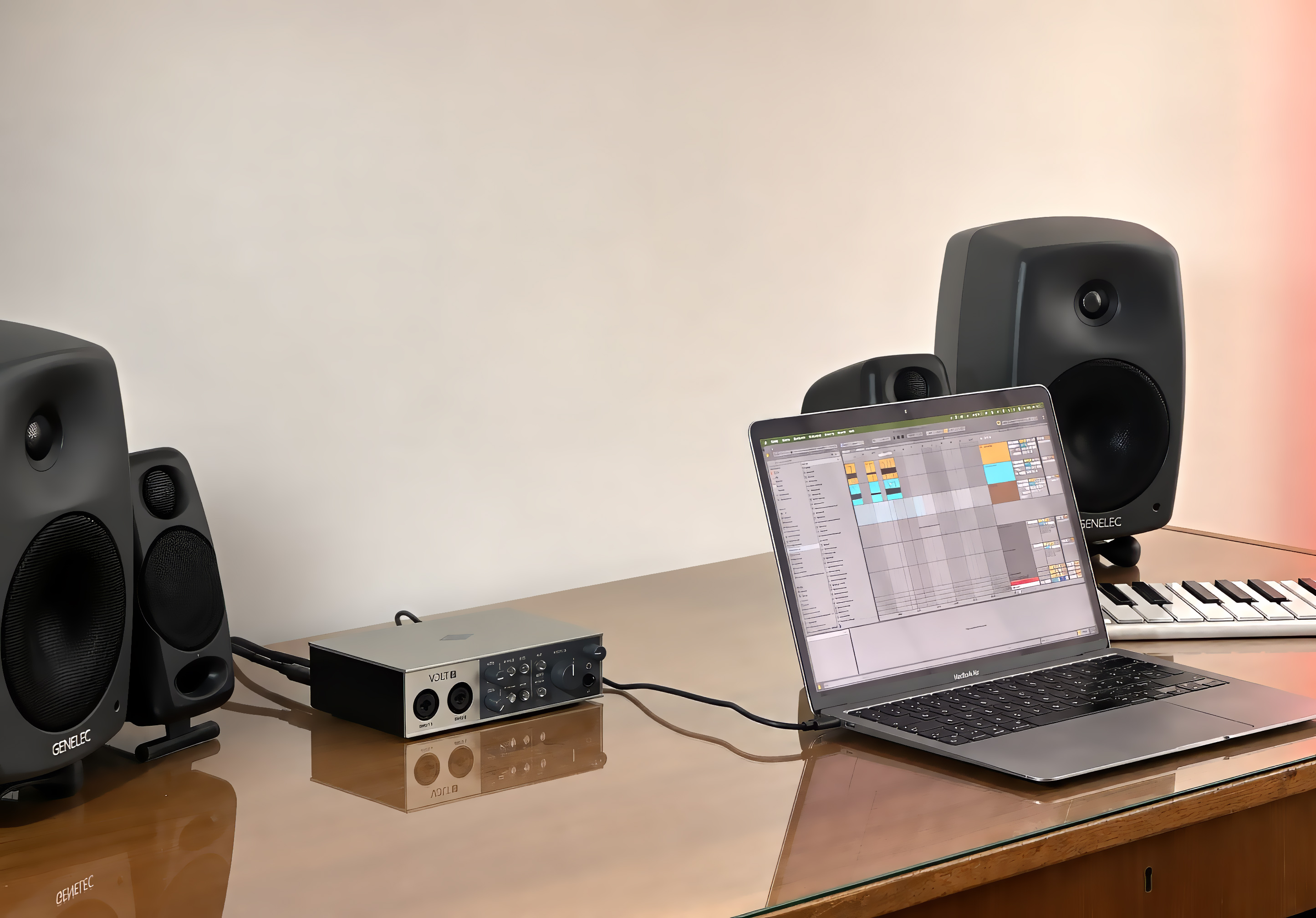 Universal Audio Volt 2 connecté à un MacBook Air dans la configuration de test du studio VolumeKeys