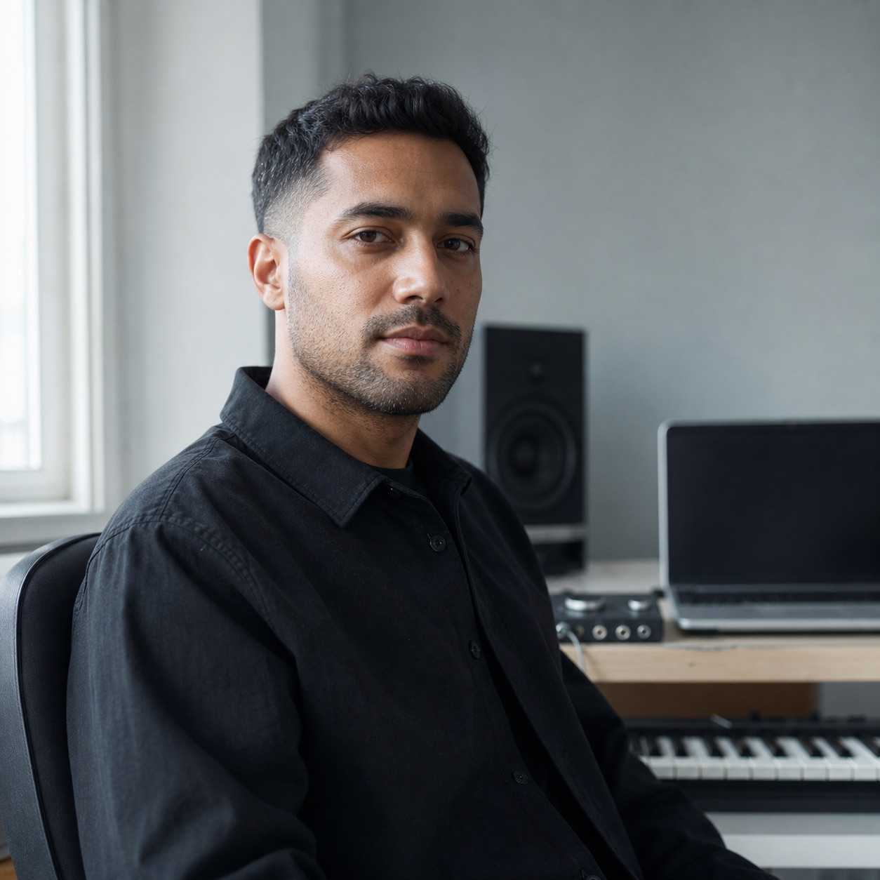 Composer working at a desktop music setup